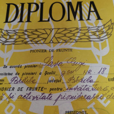 Diploma pionieri 1969 PIONIER DE FRUNTE,Organizatia pionierilor Braila