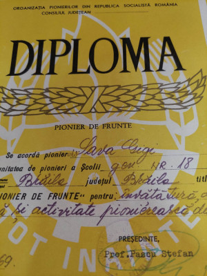 Diploma pionieri 1969 PIONIER DE FRUNTE,Organizatia pionierilor Braila foto