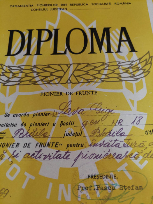 Diploma pionieri 1969 PIONIER DE FRUNTE,Organizatia pionierilor Braila