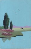 Ilustratie pictata in stil naiv infatisand malul unui lac cu doi chiparosi