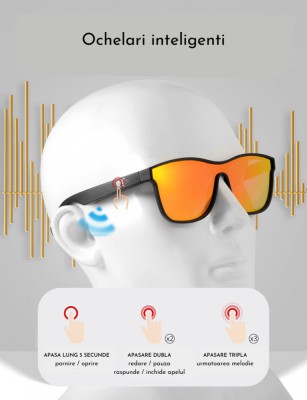 Ochelari de soare inteligenti, Casti wireless, BLUETOOTH 5.0, Microfon, Control tactil, Distanta de lucru 10 m, Preluare apeluri telefonice, Rezistent foto