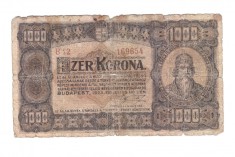 Bancnota Ungaria 1000 korona/coroane 1923, circulata, uzata, rara
