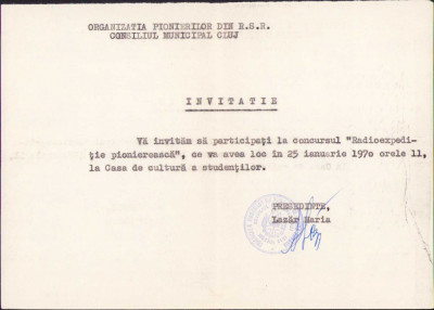 HST A76 Invitație pionieri Cluj 1970 concurs Radioexpediția pionierească foto
