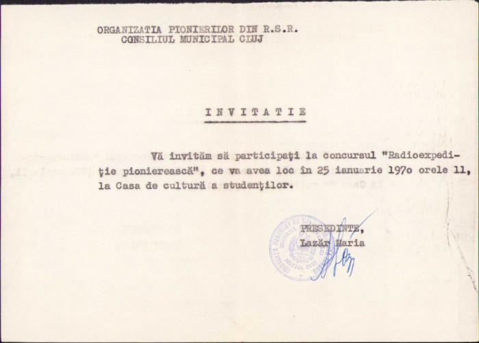 HST A76 Invitație pionieri Cluj 1970 concurs Radioexpediția pionierească