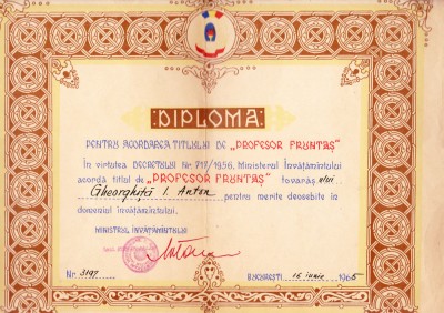 AMS# - DIPLOMA TITLU DE PROFESOR FRUNTAS BUCURESTI 1965, RPR foto