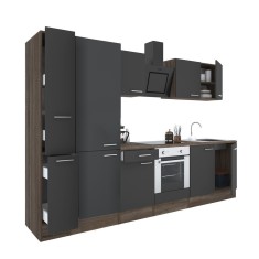 Mobilă de bucătărie Yorki 300, corp stejar Yorki, față antracit satinat cu element cuptor inferior, dulap cu rafturi