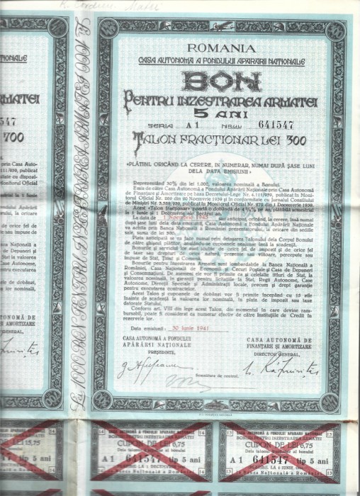 Lot 5 buc. Obligatiuni 1000 lei + Bon Pentru inzestrarea armatei
