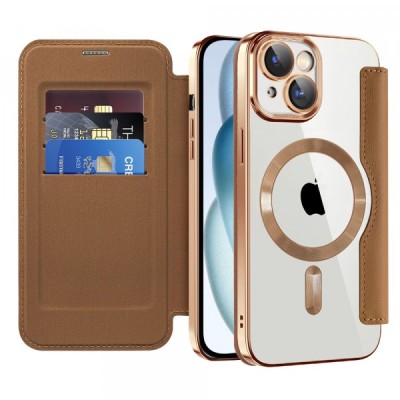 Husa MagSafe pentru Apple iPhone 15 Plus, Techsuit, SmartMag Book, Maro foto