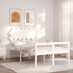 vidaXL Cadru de pat senior cu tăblie dublu, alb, lemn masiv