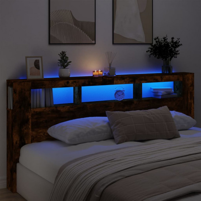 vidaXL Tăblie de pat cu LED, stejar fumuriu, 220x18,5x103,5 cm, lemn