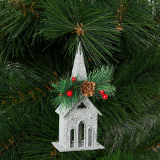 Ornament de brad cu agățătoare - biserică - 16 x 6.5 cm - argintie foto