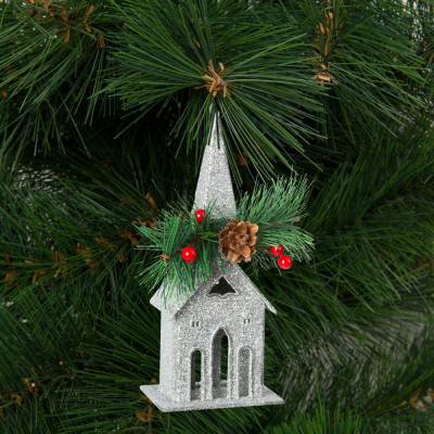 Ornament de brad cu agățătoare &amp;ndash; biserică &amp;ndash; 16 x 6.5 cm &amp;ndash; argintie foto