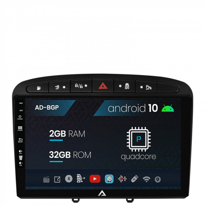 Navigatie Peugeot 308 408 (2008-2013), Android 10, P-Quadcore 2GB RAM + 32GB ROM, 9 Inch - AD-BGP9002+AD-BGRKIT265