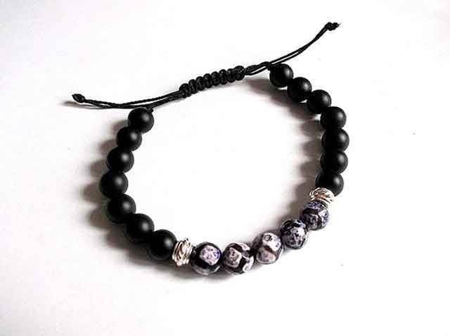 Onix mat negru si agate gri cu mov, bratara pietre 34687