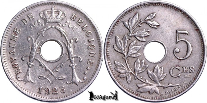 1923, 5 Centimes - Albert I - Regatul Belgiei - inscripție franceză