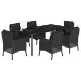 Set mobilier de gradina cu perne, 7 piese, negru, poliratan