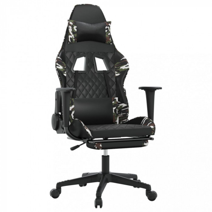 Scaun de gaming cu suport picioare, negru/camuflaj, piele eco