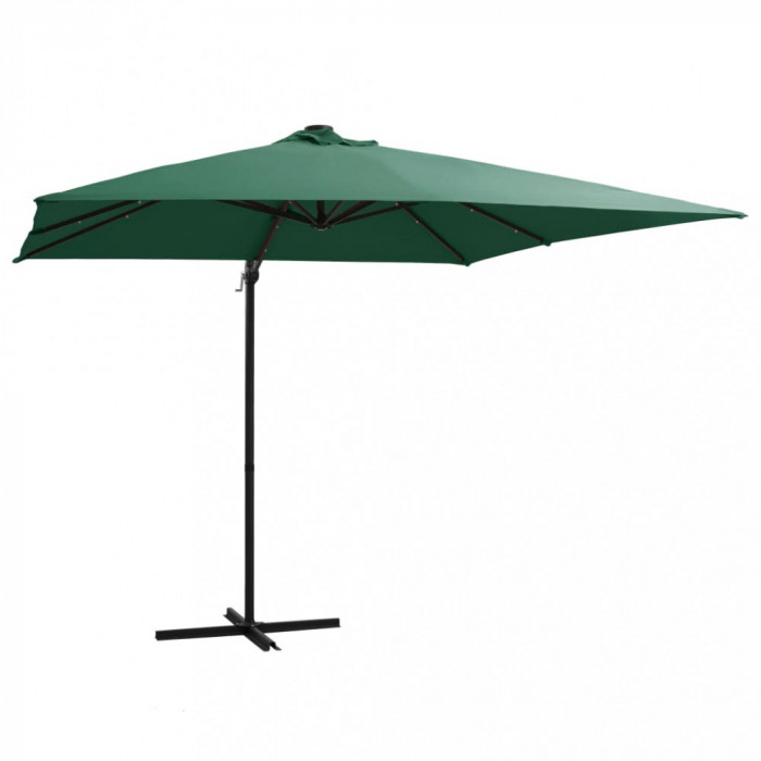 Umbrelă suspendată cu LED și st&acirc;lp din oțel, verde, 250x250 cm