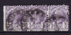 RO 1887 ,LP 43 c ,&amp;quot;Carol I - Vulturi &amp;quot; hartie colorata, 3B straif de 3 stampilat foto