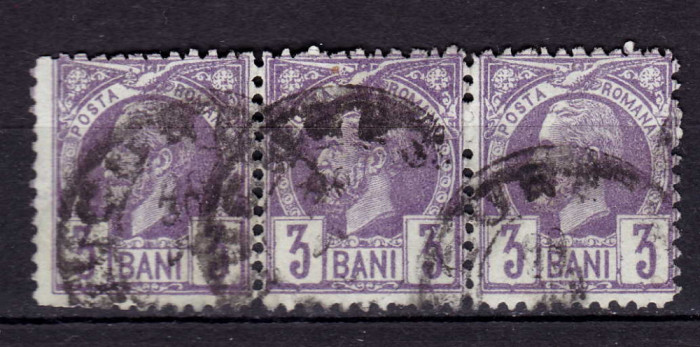 RO 1887 ,LP 43 c ,&quot;Carol I - Vulturi &quot; hartie colorata, 3B straif de 3 stampilat