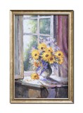 Cumpara ieftin Tablou vaza cu flori la fereastra pictat manual inramat, 65x45cm ulei pe panza, rama din lemn, Geo Ungureanu