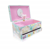 Cutie muzicala BRAGUS, cu unicorni, pentru depozitarea bijuteriilor, sertar incorporat, recomandata copiilor cu varsta de peste 3 ani, interior roz