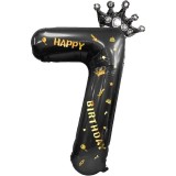 Cumpara ieftin Balon folie cifra 7 cu coroana Happy Birthday 100 cm, negru, umflare aer sau heliu, aniversare decor petrecere