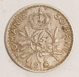 ROMANIA 50 BANI 1910 MUCHIE DREAPTA MONETARIA BRUXELLES XF ARGINT REGELE CAROL I ( CITITI VA ROG DESCRIEREA ENUNTUL )