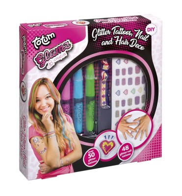 Set creativ 3 in 1, tatuaje cu sclipici, tatuaje cu sclipici pentru unghii si creioane colorare par foto