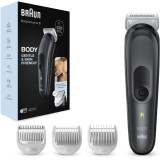 Aparat de ingrijire corporala Braun BG3340 cu Tehnologie Skinshield, 2 piepteni ficsi, 1 pieptene pentru zone sensibile, 1 incarcator, Negru/Gri