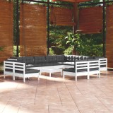 VidaXL Set mobilier grădină cu perne, 13 piese, alb, lemn masiv pin 3096882