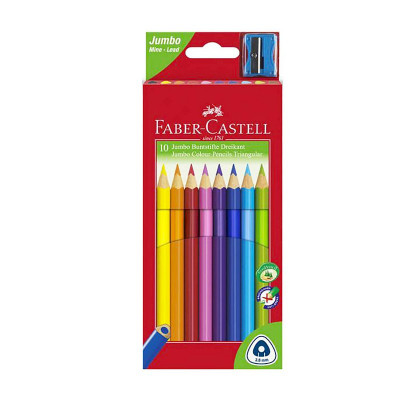 Creioane colorate 10 culori triunghiulare jumbo, cu ascutitoare, Faber Castell FC116510 foto