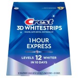 Benzi pentru albirea dinților Crest 3D White 1 Hour Express, nivel albire 12, 11% peroxid de hidrogen, 10 plicuri (20 benzi)