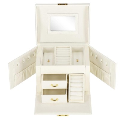 (DL) Cutie depozitare si organizare bijuterii, MDF, piele ecologica, 17,5 x 12 x 13,5 cm., crem foto