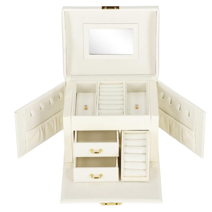 (DL) Cutie depozitare si organizare bijuterii, MDF, piele ecologica, 17,5 x 12 x 13,5 cm., crem