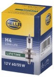Bec auto halogen HELLA H4 12V; 60/55W; long life; durabilitate tripla; P43t; 8GJ002525481, 1 buc.