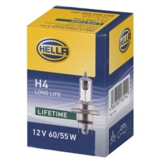 Bec auto halogen HELLA H4 12V; 60/55W; long life; durabilitate tripla; P43t; 8GJ002525481, 1 buc.