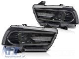 Set de faruri LED de tuning potrivit pentru Dodge Charger 2011-2015 cu baza neagra, cu semnalizatoare dinamice, pentru modelul cu lumini DRL din fabri