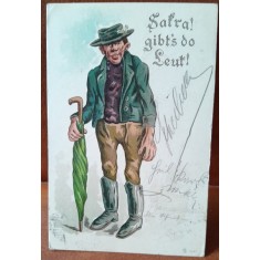 Carte postala, barbat cu umbrela, desen, perioada interbelica