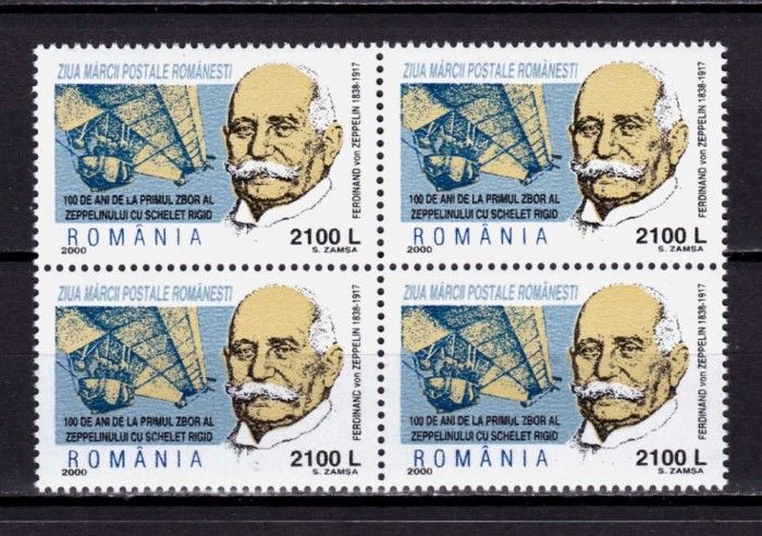 ✅ RO 2000 LP 1518 "Ziua marcii romanesti - 100 de ani primul zbor von Zeppelin" , serie in bloc de 4 ,MNH
