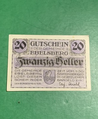 Bancnota Notgeld 20 heller 30 septembrie 1920 foto