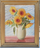Tablou 1949 Vas cu Floarea Soarelui pictura ulei inramat 63x76cm, Natura statica, Realism