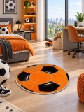 Cumpara ieftin Covor Rotund Camera Copii Minge Fotbal 11198-160, Marime 67 x 67 cm, Portocaliu, Inaltime Fir 9 mm, Antialergic, Polipropilena, Gradinita, Cresa, Loc