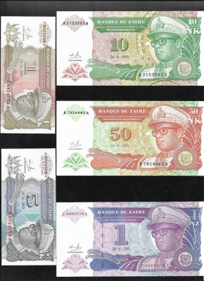 Set Zair Congo 1 likuta + 5 + 10 + 50 makuta + 1 nouveau zaire 1993 unc foto