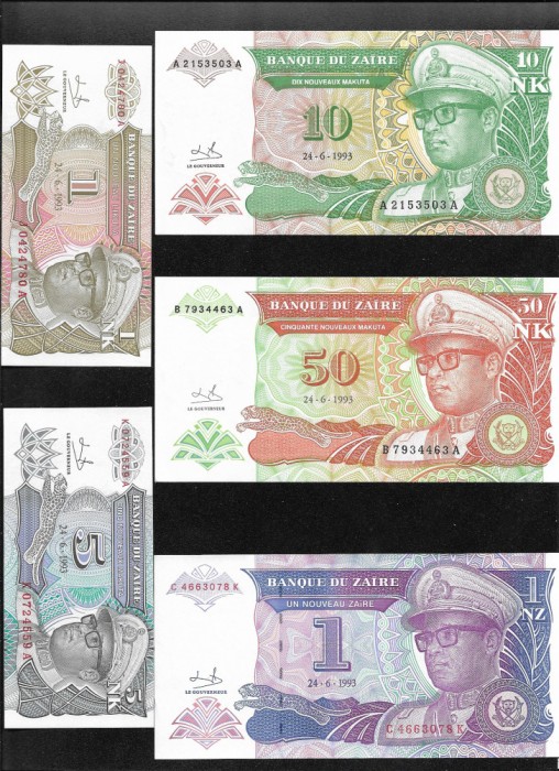 Set Zair Congo 1 likuta + 5 + 10 + 50 makuta + 1 nouveau zaire 1993 unc