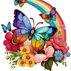 Sticker decorativ, Fluture, Curcubeu si Flori, Multicolor, 68 cm, 1210STK-3