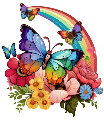 Sticker decorativ, Fluture, Curcubeu si Flori, Multicolor, 68 cm, 1210STK-3 foto