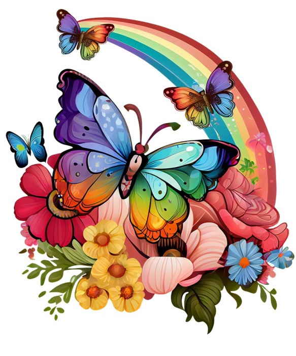 Sticker decorativ, Fluture, Curcubeu si Flori, Multicolor, 68 cm, 1210STK-3