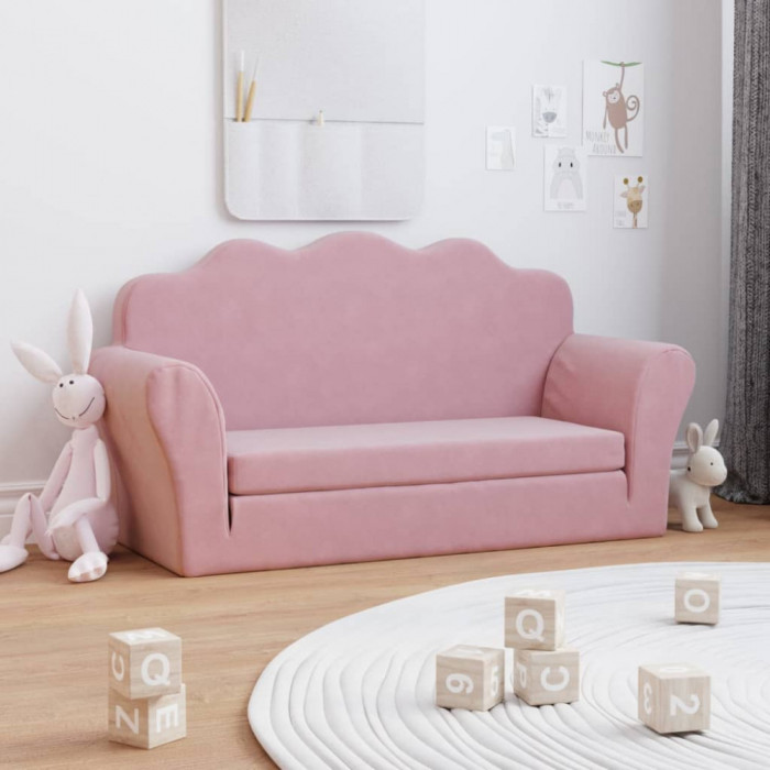 vidaXL Canapea extensibilă pentru copii cu 2 locuri, roz, pluș moale 357063