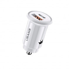 Incarcator auto USAMS Super Charge C12, 30W, Standard incarcare PD 3.0/QC 4.0/SCP/AFC, Iesiri USB-C/USB-A, Alb foto